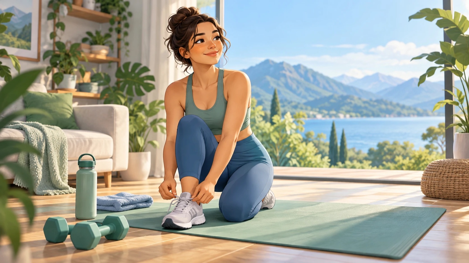 Woman tying her sneakers on an exercise mat in her living room
