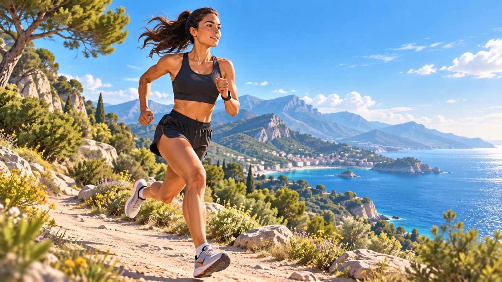 Woman running on a hillside trail overlooking the sea