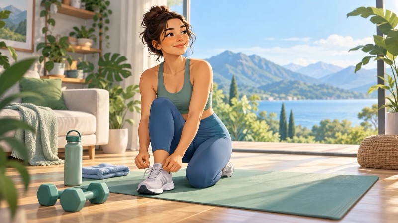Woman tying her sneakers on an exercise mat in her living room