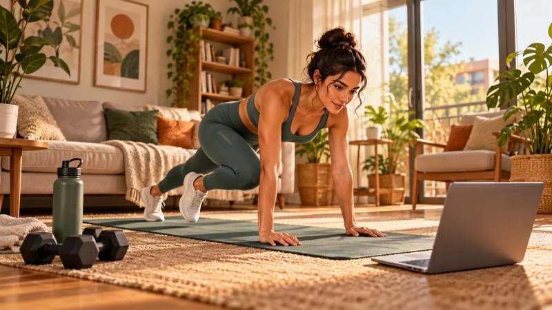 Woman doing mountain climbers on a mat in her living room