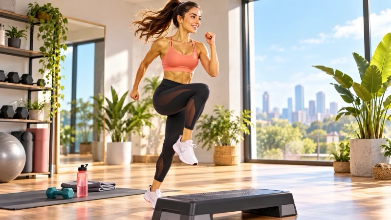 Woman doing high knees on a step in a bright studio