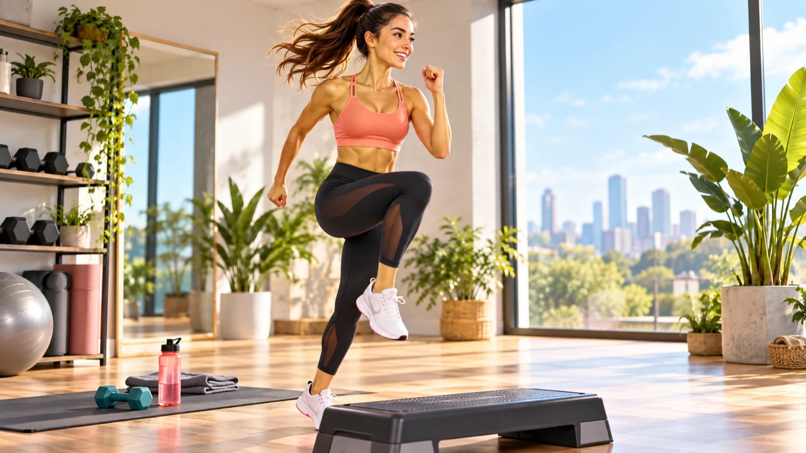 Woman doing high knees on a step in a bright studio